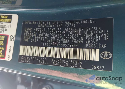 2025 Toyota Camry Se z USA, uszkodzony, nr VIN 4T1DAACK1SU573854